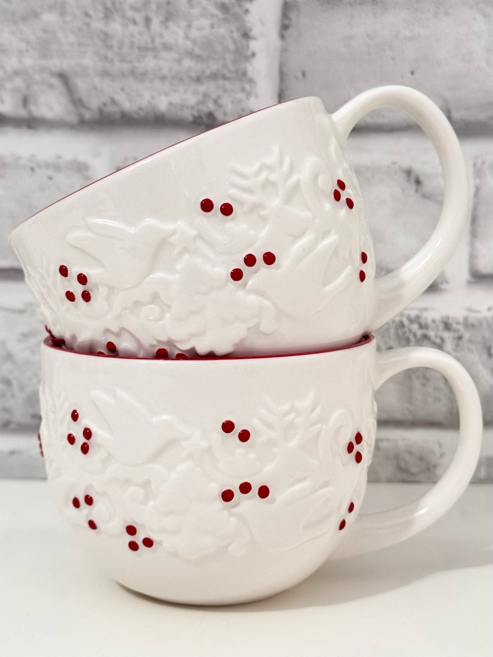 Starbucks 2008 Christmas Embossed Holiday Mugs ~ Set of 2